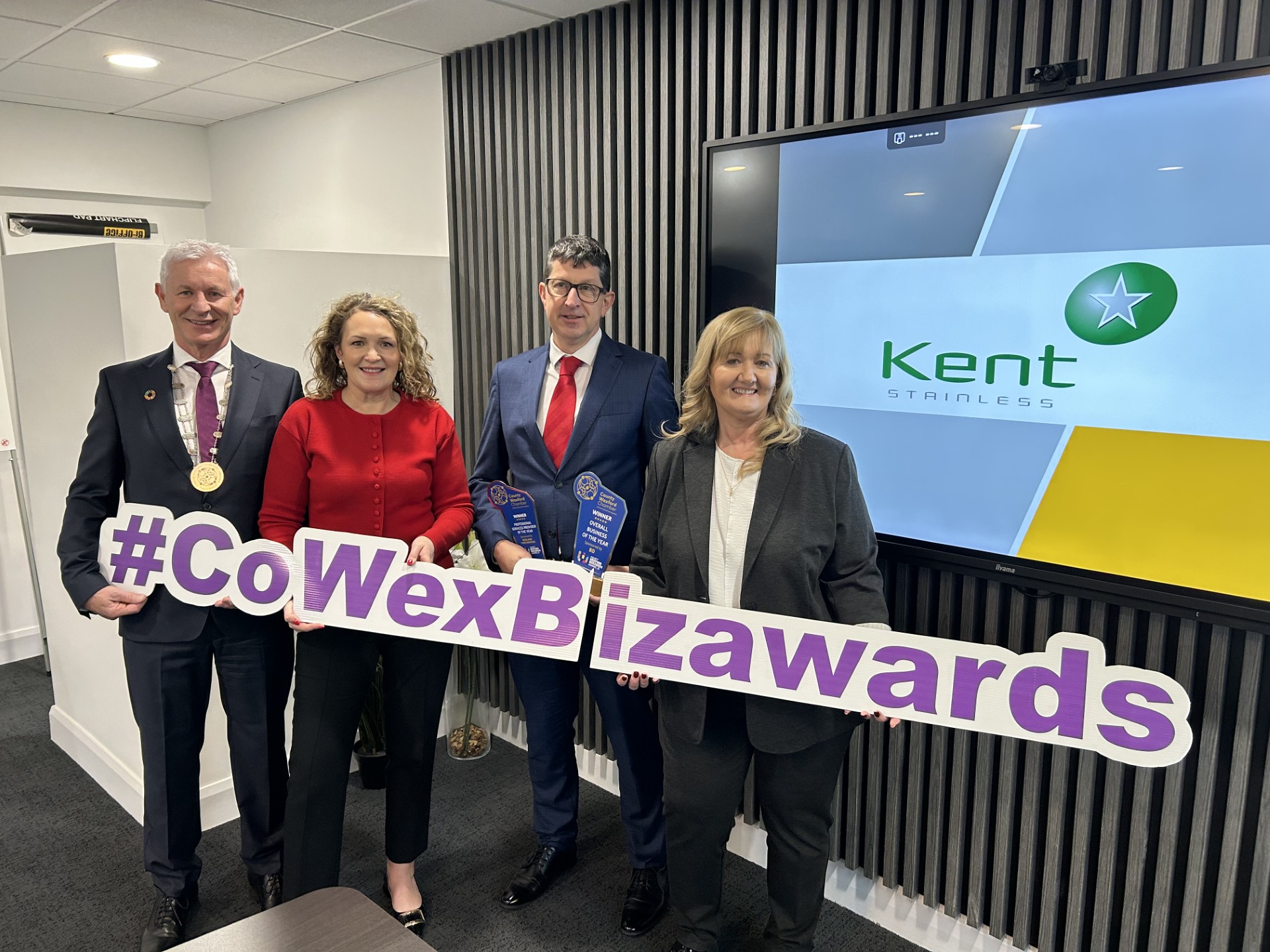Announcing the launch of the County Wexford Business Awards earlier this year were (l-r): Ed Murphy, President, County Wexford Chamber; Paula Roche, CEO, County Wexford Chamber; Micheál Mahon, Managing Director, MGM Partnership; and Ann O’Brien, Managing Director of lead sponsor Kent Stainless. MGM Partnership won both the Professional Services Provider of the Year Award and the Overall Business of the Year Award in 2025.