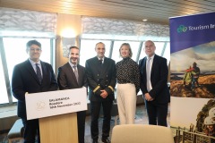 NO FEE PIC
PIC JULIEN BEHAL PHOTOGRAPHY
Brittany Ferries Officially Launch New Cruise-Ferry Salamanca at Rosslare Europort this morning, November 16th,2022.
Pictured at the launch was From left, Reuben Lopez Pulido Counsellor for Tourism at the Spanish Embassy, Frederic
Dumoulin Brittany Ferries Chief Commercial Officer, Captain Christophe Bergeroux, Monica McLaverty Manager Southern Europe,Tourism Ireland and Glenn Carr, Director of Commercial
Business Units at Irish Rail.
The Rosslare to Bilbao is the only ferry service connecting Ireland to Spain.It boasts 200 custom artworks on board and local Spanish cuisine and is the first Liquified Powered Gas (LNG) powered passenger ferry to service Ireland promising lower emissions and a smoother voyage.
Salamanca, named after the stunning heritage city in Castilla y Léon in Spain, replaces the Connemara vessel, offering more than double the capacity, with space for over 1000 passengers in 343 comfortable cabins, 22 of which are especially designed for passengers travelling with their pet dog.
The new state-of-the-art ship is also the first LNG-powered ferry to serve Ireland and promises lower emissions and a smoother, quieter voyage for travellers.
MORE INFO CONTACT stephanie@fuzion.ie