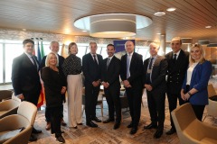 NO FEE PIC
PIC JULIEN BEHAL PHOTOGRAPHY
Brittany Ferries Officially Launch New Cruise-Ferry Salamanca at Rosslare Europort this morning, November 16th,2022.
Pictured at the launch was From left, Reuben Lopez Pulido, Verona Murphy TD, Cllr Jim Moore, Monica McLaverty, Paul
Kehoe TD, Frederic Dumoulin, Glenn Carr, Brendan Crowley, Christophe Bergeroux and Aileen Dowling. The Rosslare to Bilbao is the only ferry service connecting Ireland to Spain.It boasts 200 custom artworks on board and local Spanish cuisine and is the first Liquified Powered Gas (LNG) powered passenger ferry to service Ireland promising lower emissions and a smoother voyage.
Salamanca, named after the stunning heritage city in Castilla y Léon in Spain, replaces the Connemara vessel, offering more than double the capacity, with space for over 1000 passengers in 343 comfortable cabins, 22 of which are especially designed for passengers travelling with their pet dog.
The new state-of-the-art ship is also the first LNG-powered ferry to serve Ireland and promises lower emissions and a smoother, quieter voyage for travellers.
MORE INFO CONTACT stephanie@fuzion.ie
